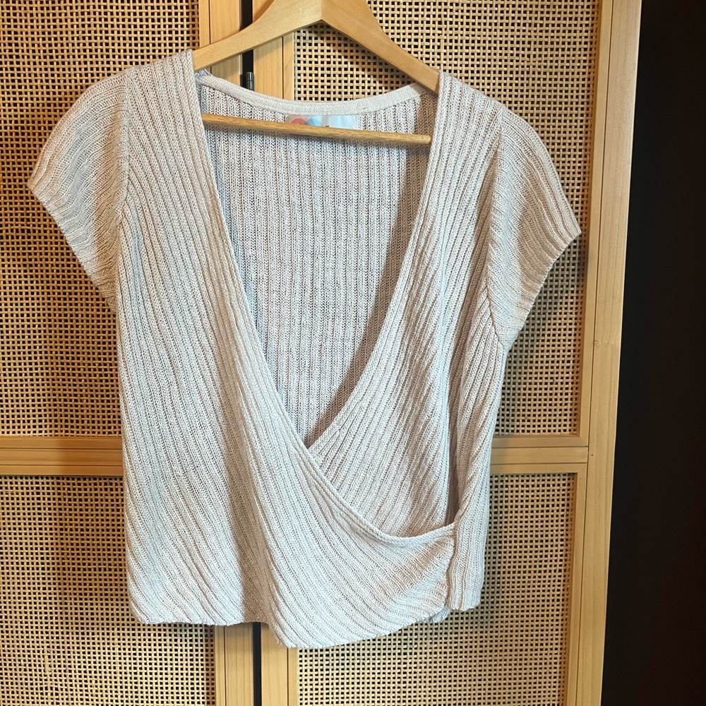 Free People Cream Ribbed V-Neck Surplice Top